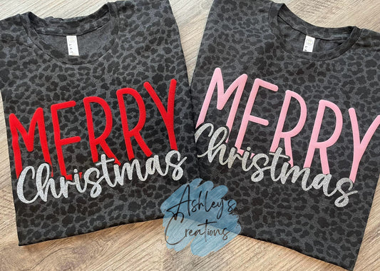 Merry Christmas Puff Print Leopard Shirt